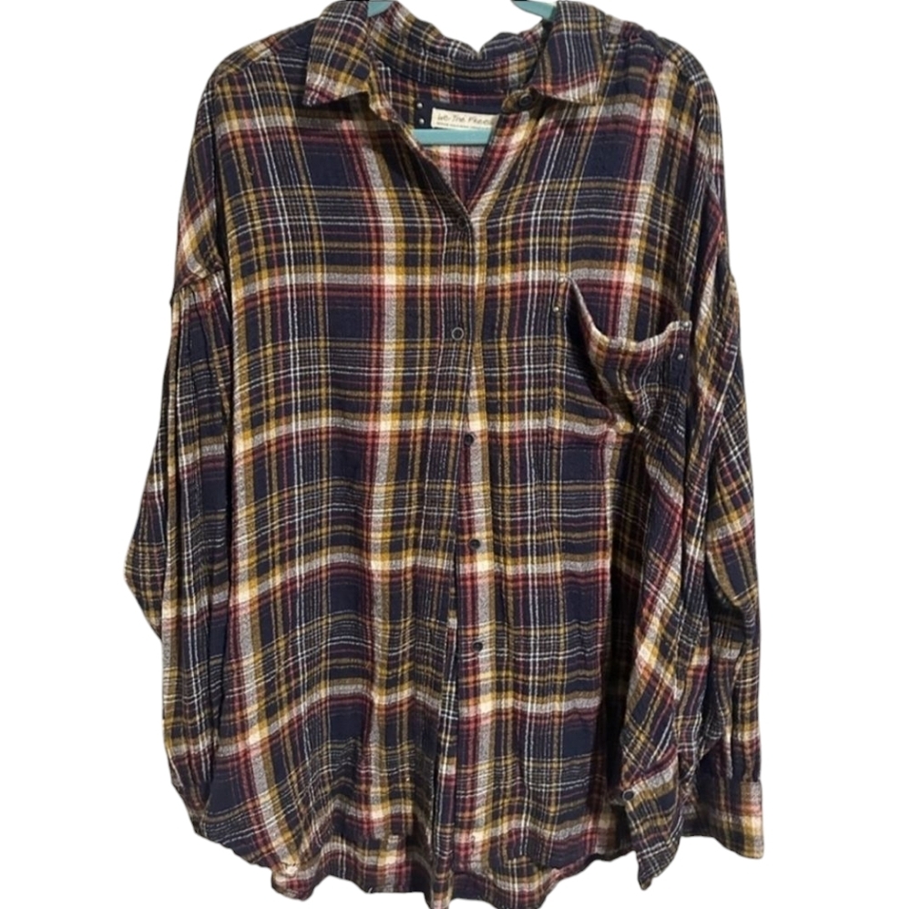 Free People Cozy Plaid Shirt We The Free Waffle Knit Valley Button Down Med - Picture 2 of 4